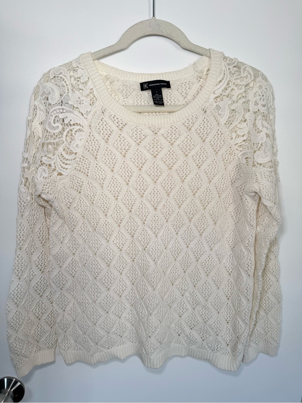 Cream Lace-Shoulder Knit Sweater